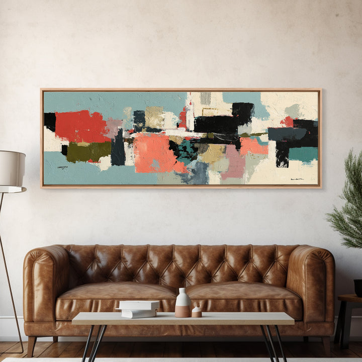 Bright Coral and Turquoise Abstract for Outdoors Framed Canvas Print, Patio Art, Room Decor, Patio Decor, Fine Art, Outdoor, PAT-3x1-52