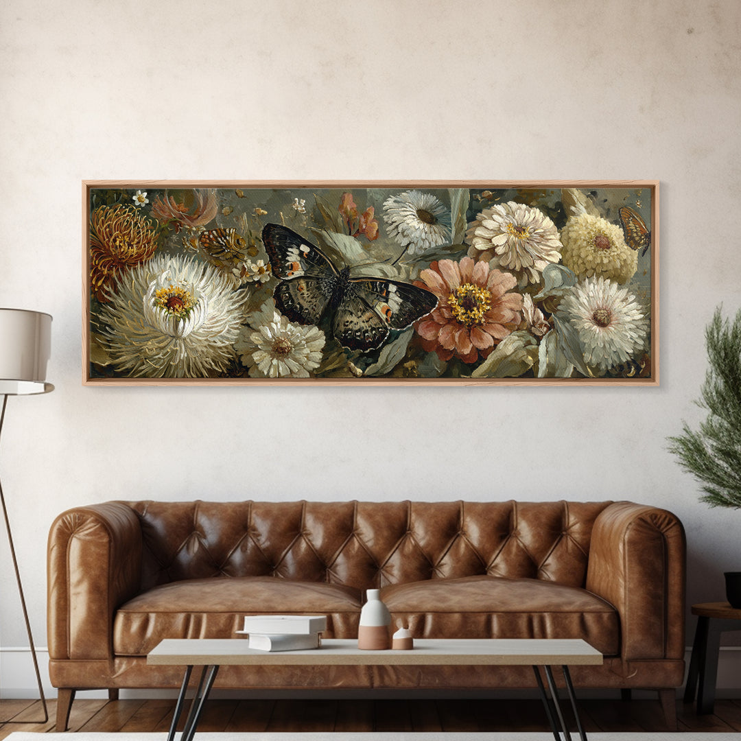 Butterfly Garden with Zinnias and Daisies Framed Canvas Print, Patio Art, Beach House Decor, Patio Decor, Oil Painting, Outdoor, PAT-3x1-53