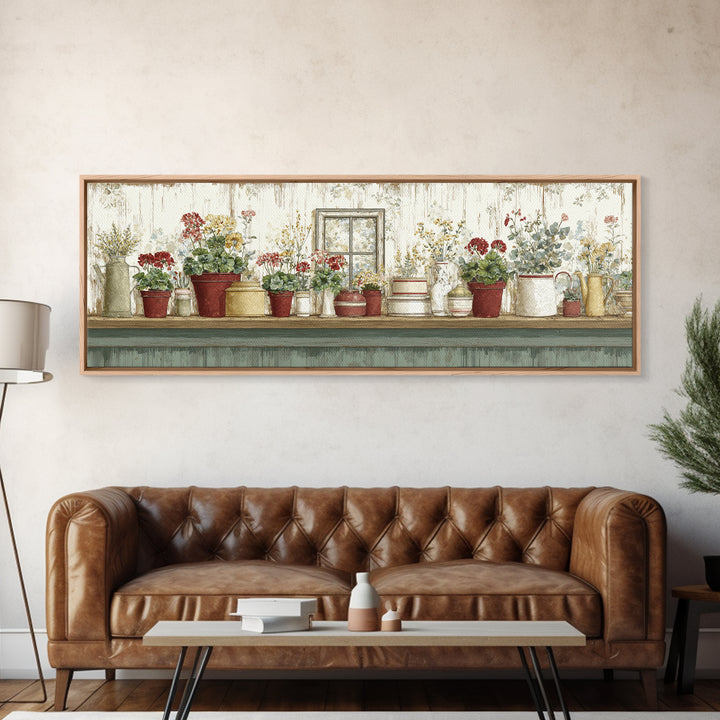 Potted Geraniums in Rustic Clay Pots Canvas Print, Patio Art, Lake House Decor, Patio Decor, Fine Art, Outdoor, Boho Decor, PAT-3x1-54