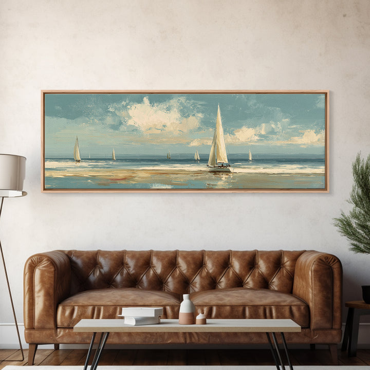 Sailboat on a Breezy Summer Horizon Framed Canvas Print, Patio Art, Contemporary Art, Patio Decor, Oil Painting, Outdoor, PAT-3x1-55