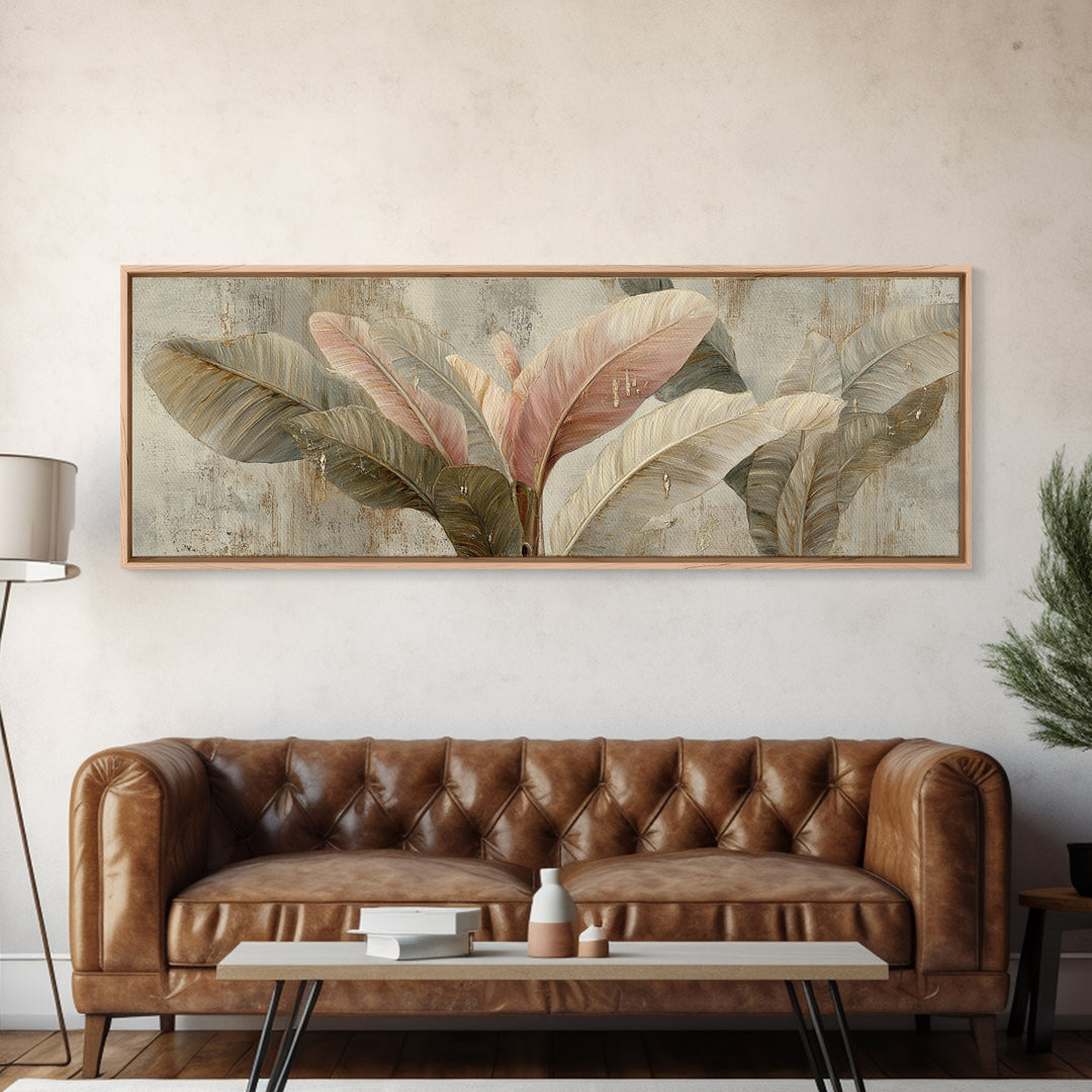 Banana Leaves with Rain Drop Details Framed Canvas Print, Patio Art, Textured Painting, Patio Decor, Fine Art, Outdoor, PAT-3x1-56