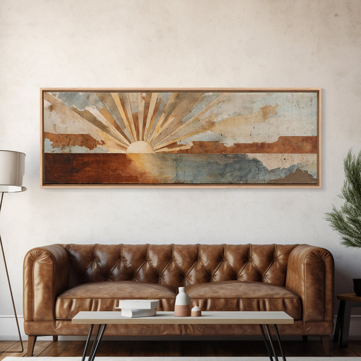 Sun Motif with Warm Terracotta Rays Framed Canvas Print, Patio Art, Outdoor Wall Decor, Patio Decor, Fine Art, Outdoor, PAT-3x1-58