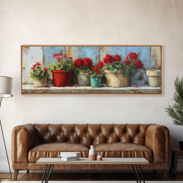 Potted Geraniums in Rustic Clay Pots Canvas Print, Patio Art, Porch Decor, Patio Decor, Fine Art, Outdoor, Fine Art Print, PAT-3x1-6