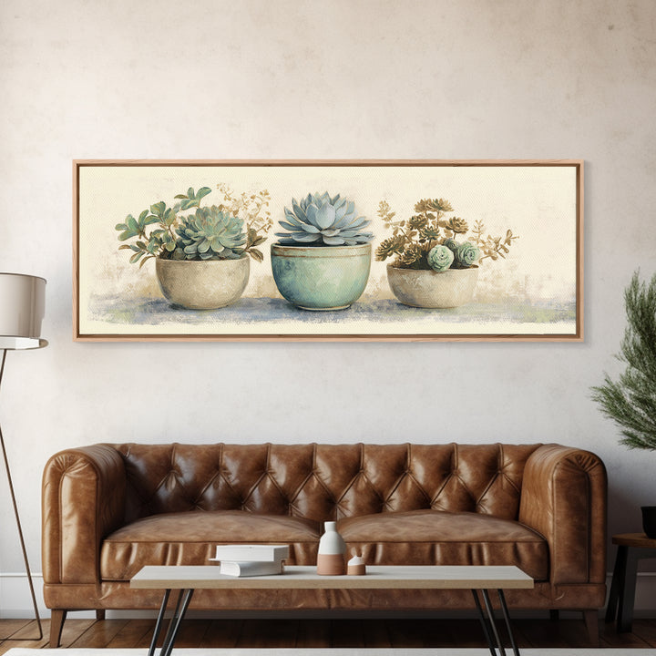 Succulent Collection in Ceramic Planters Canvas Print, Patio Art, Floral Art, Patio Decor, Oil Painting, Outdoor, PAT-3x1-61