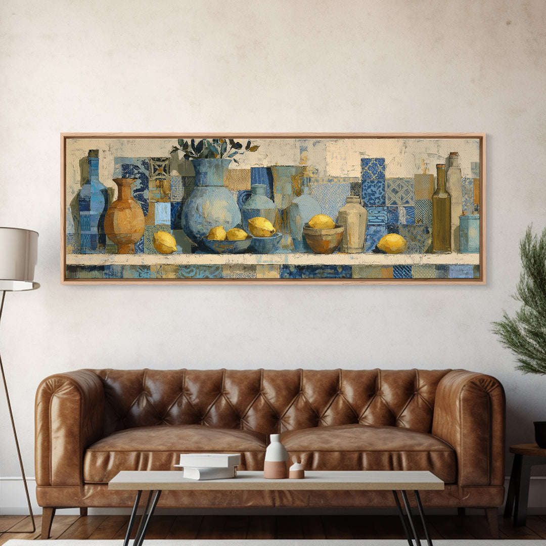 Mediterranean Lemons and Blue Tile Pattern Canvas Print, Patio Art, Coastal Decor, Patio Decor, Outdoor, Family Wall Art, PAT-3x1-66