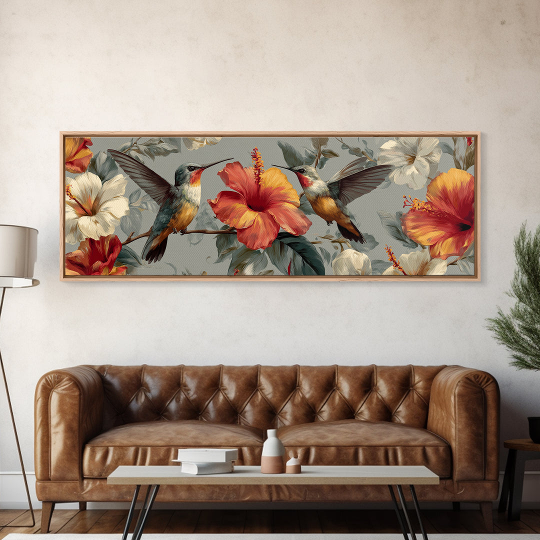 Hummingbird Visiting Bright Hibiscus Framed Canvas Print, Patio Art, Garden Art, Patio Decor, Abstract Art, Outdoor, PAT-3x1-67