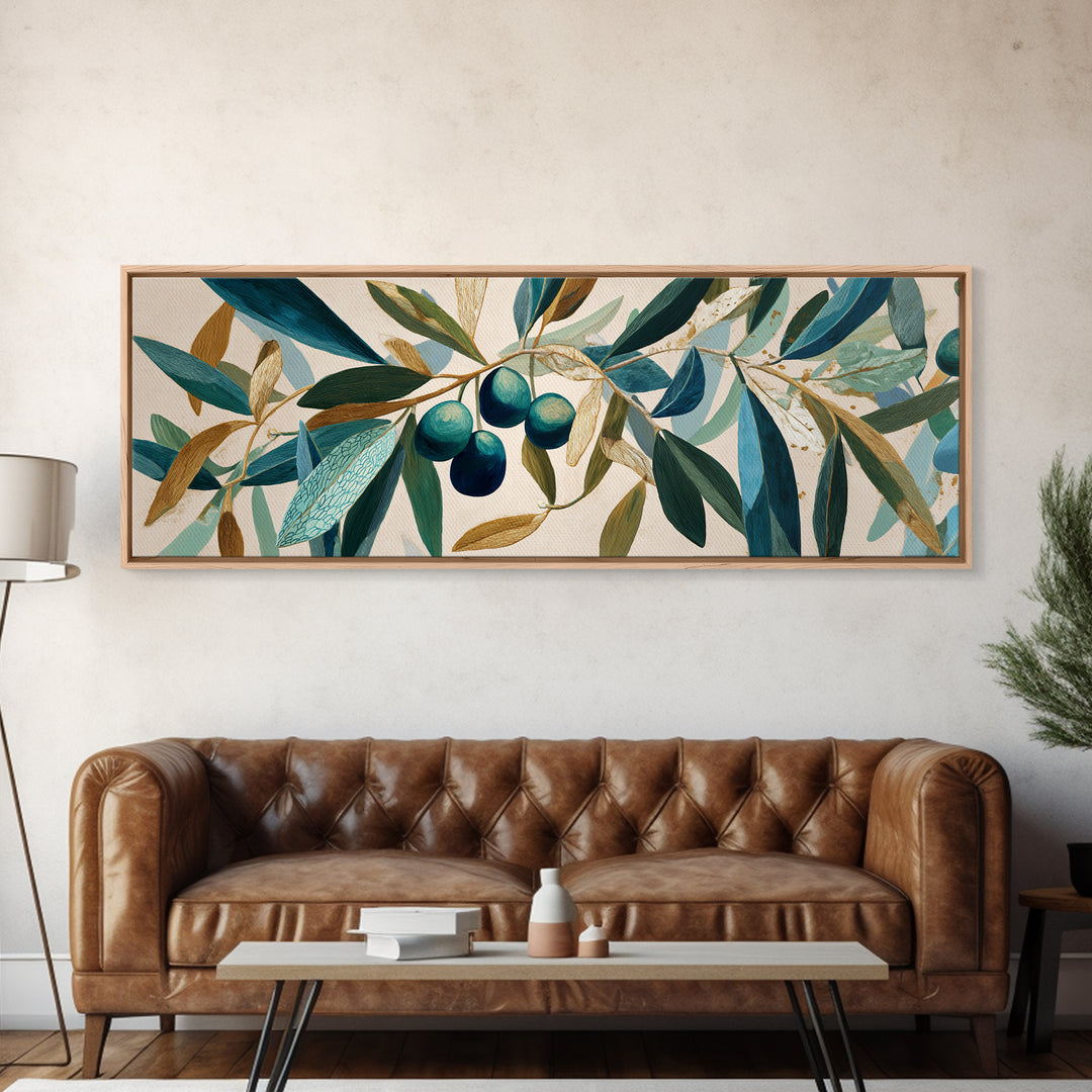 Olive Branch Wreath on Warm Plaster Framed Canvas Print, Patio Art, Yard Decor, Patio Decor, Oil Painting, Outdoor, PAT-3x1-73