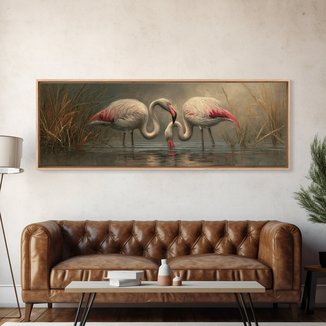 Flamingo Pair Beside Shallow Water Framed Canvas Print, Patio Art, Bar Art, Patio Decor, Oil Painting, Outdoor, Outdoor Art, PAT-3x1-74
