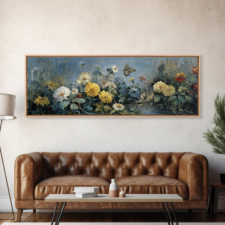 Butterfly Garden with Zinnias and Daisies Framed Canvas Print, Patio Art, Beach House Decor, Patio Decor, Oil Painting, Outdoor, PAT-3x1-77