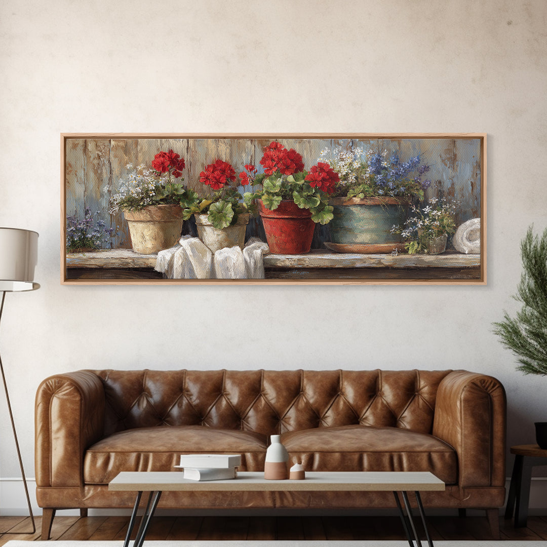 Potted Geraniums in Rustic Clay Pots Canvas Print, Patio Art, Wall Decor, Patio Decor, Fine Art, Outdoor, Coastal Decor, PAT-3x1-78