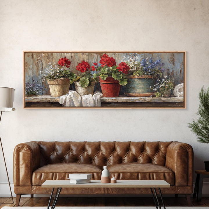 Potted Geraniums in Rustic Clay Pots Canvas Print, Patio Art, Wall Decor, Patio Decor, Fine Art, Outdoor, Coastal Decor, PAT-3x1-78