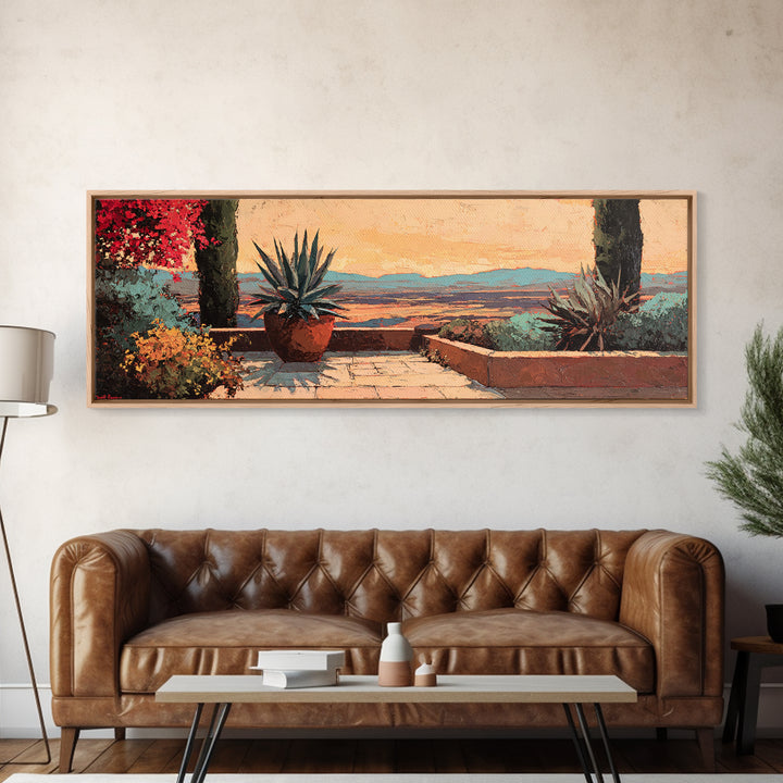 Desert Patio Agave and Bougainvillea Framed Canvas Print, Patio Art, Porch Decor, Patio Decor, Outdoor, Fine Art Print, PAT-3x1-81