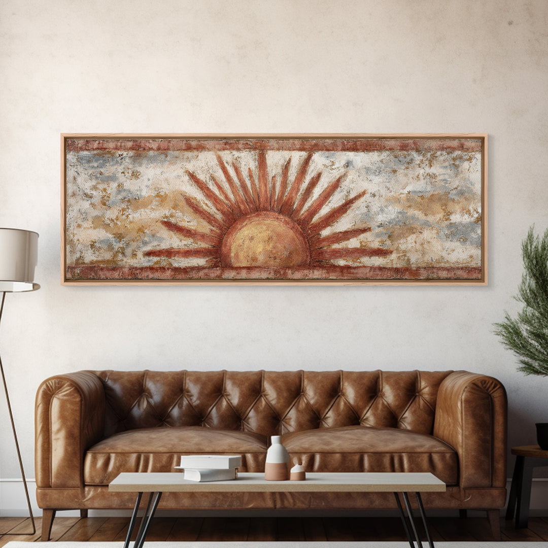 Sun Motif with Warm Terracotta Rays Framed Canvas Print, Patio Art, Outdoor Wall Decor, Patio Decor, Fine Art, Outdoor, PAT-3x1-82