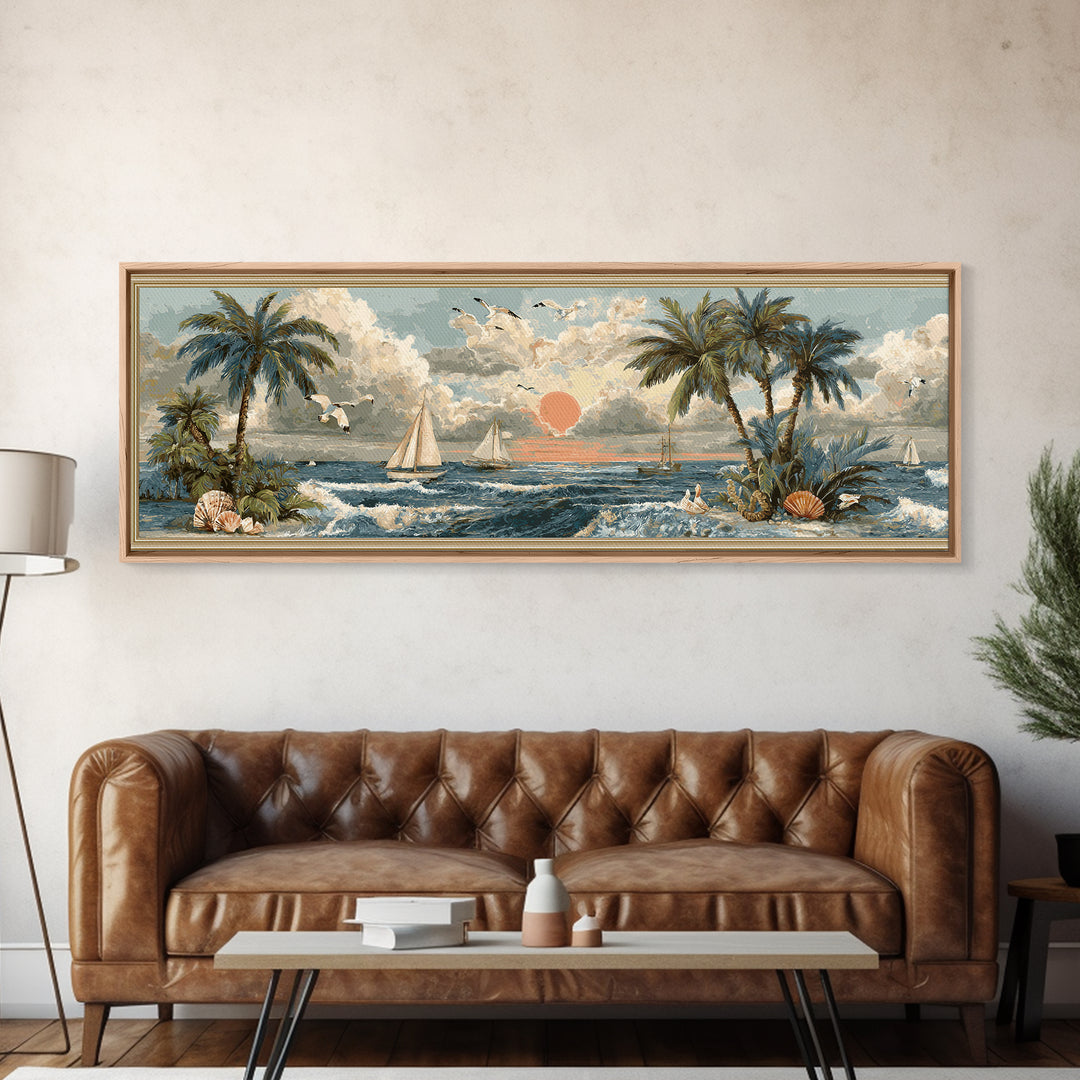 Beachy Shell and Palm Arrangement Canvas Print, Patio Art, Wall Hanging, Patio Decor, Outdoor, Beach Art, Beach House Decor, PAT-3x1-83