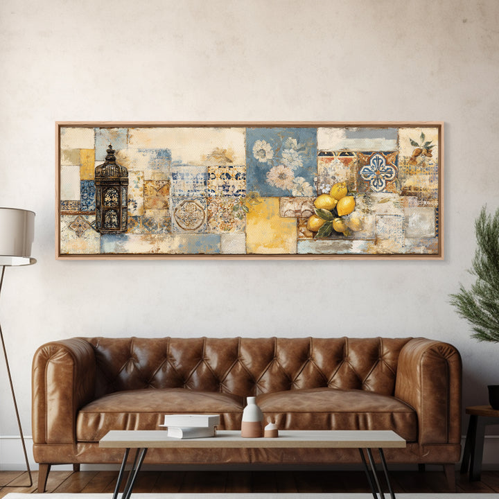 Mediterranean Lemons and Blue Tile Pattern Framed Canvas Print, Patio Art, Beach House Decor, Patio Decor, Fine Art, Outdoor, PAT-3x1-90