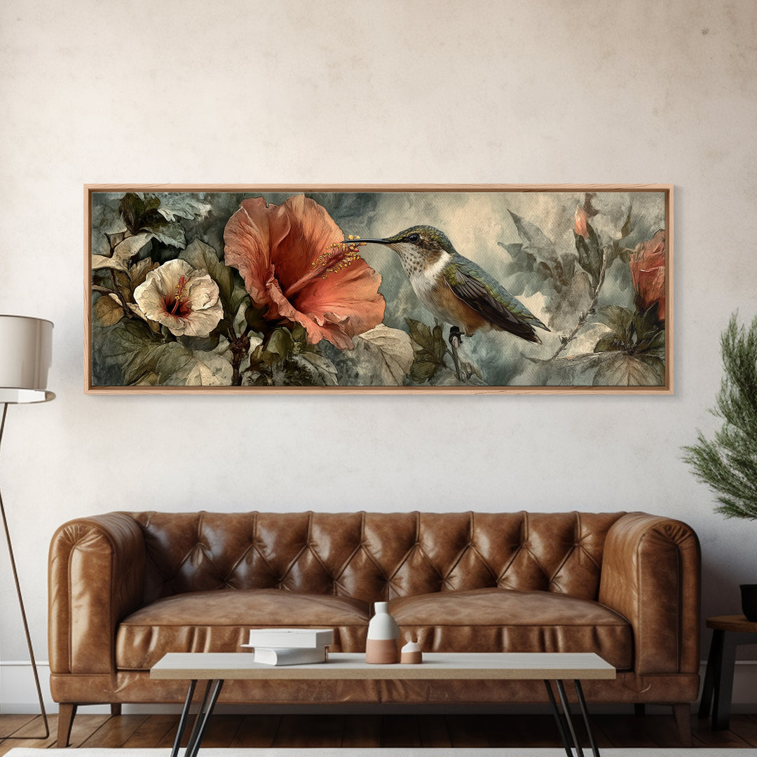 Hummingbird Visiting Bright Hibiscus Canvas Print, Patio Art, Room Decor, Patio Decor, Fine Art, Outdoor, Garden Art, PAT-3x1-91