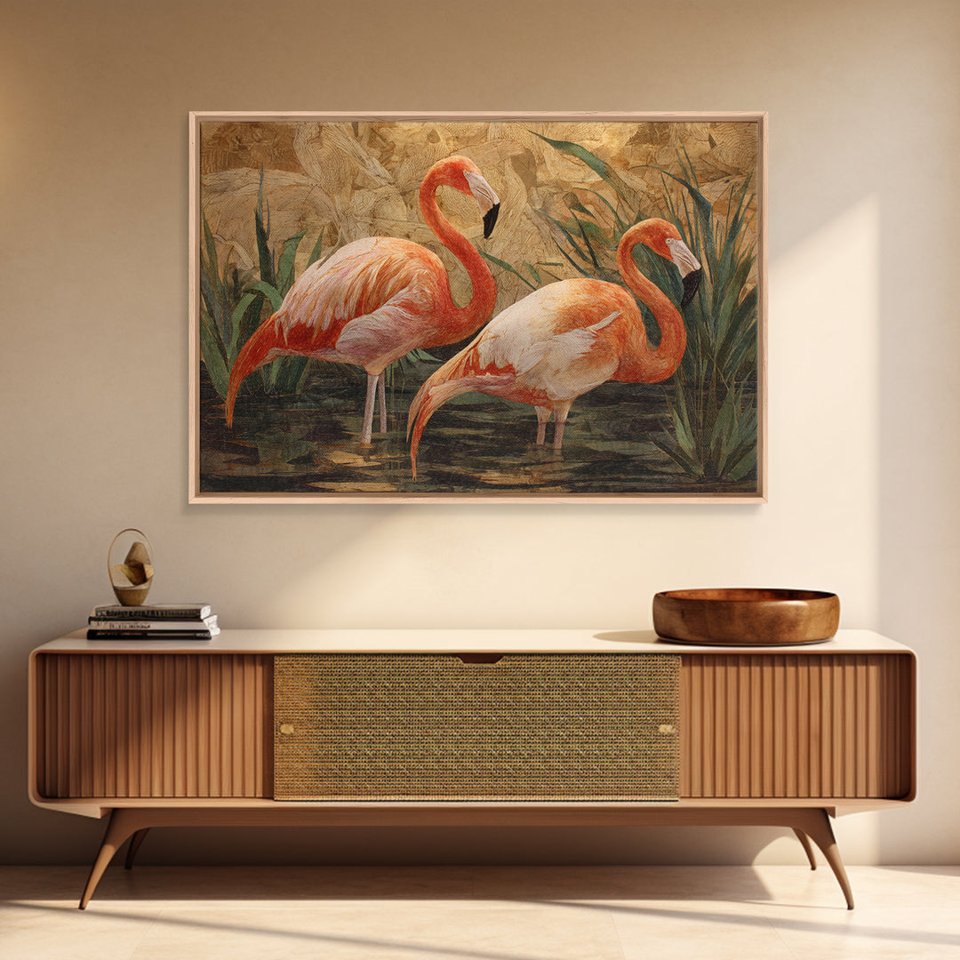 Flamingo Pair Beside Shallow Water Framed Canvas Print, Patio Art, Garden Decor, Patio Decor, Fine Art, Outdoor, Beach Art, PAT-3x2-14