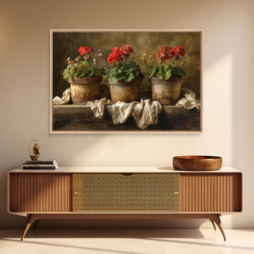 Potted Geraniums in Rustic Clay Pots Framed Canvas Print, Patio Art, Garden Art, Patio Decor, Outdoor, Beach House Decor, PAT-3x2-18