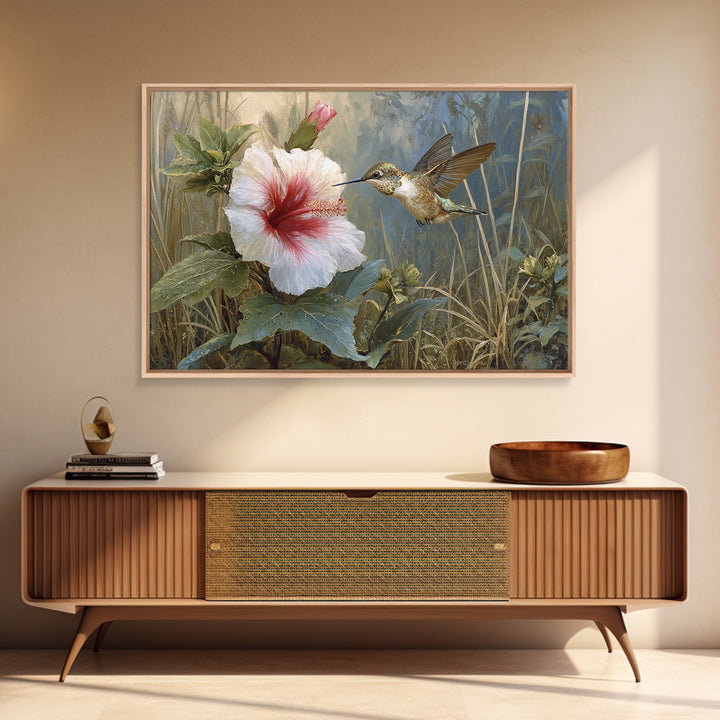 Hummingbird Visiting Bright Hibiscus Framed Canvas Print, Patio Art, Patio Cushions, Patio Decor, Outdoor, Luxury Decor, PAT-3x2-31