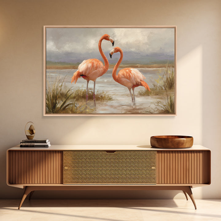Flamingo Pair Beside Shallow Water Canvas Print, Patio Art, Outdoor Wall Decor, Patio Decor, Fine Art, Outdoor, Yard Decor, PAT-3x2-38