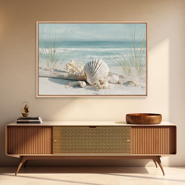 Beachy Shell and Palm Arrangement Framed Canvas Print, Patio Art, Room Decor, Patio Decor, Oil Painting, Outdoor, Garden Art, PAT-3x2-47