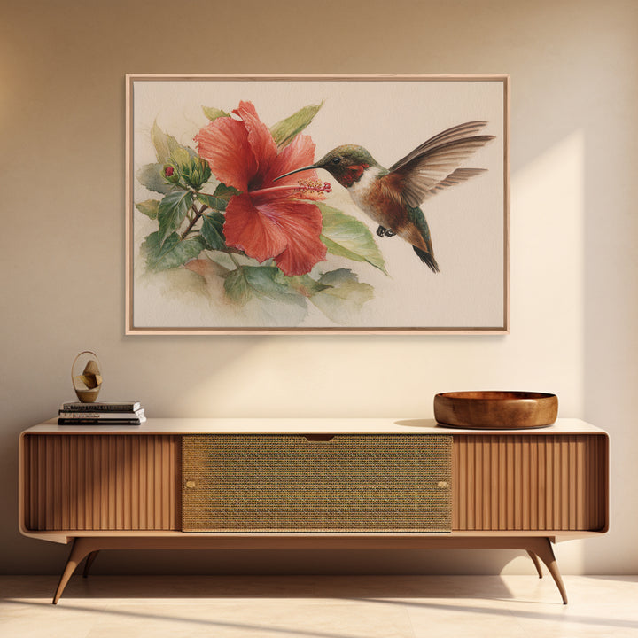Hummingbird Visiting Bright Hibiscus Framed Canvas Print, Patio Art, Decor, Patio Decor, Oil Painting, Outdoor, PAT-3x2-55