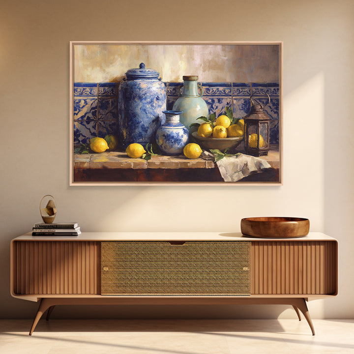 Mediterranean Lemons and Blue Tile Pattern Framed Canvas Print, Patio Art, Yard Art, Patio Decor, Outdoor, Lake House Decor, PAT-3x2-6
