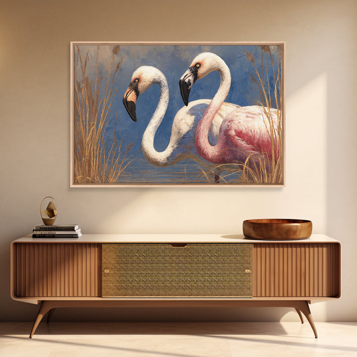 Flamingo Pair Beside Shallow Water Canvas Print, Patio Art, Outdoor Wall Decor, Patio Decor, Fine Art, Outdoor, Yard Decor, PAT-3x2-62