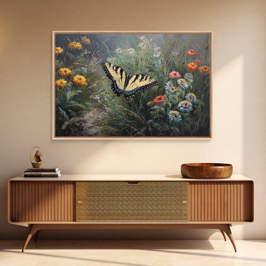 Butterfly Garden with Zinnias and Daisies Framed Canvas Print, Patio Art, Floral Art, Patio Decor, Fine Art, Outdoor, PAT-3x2-65