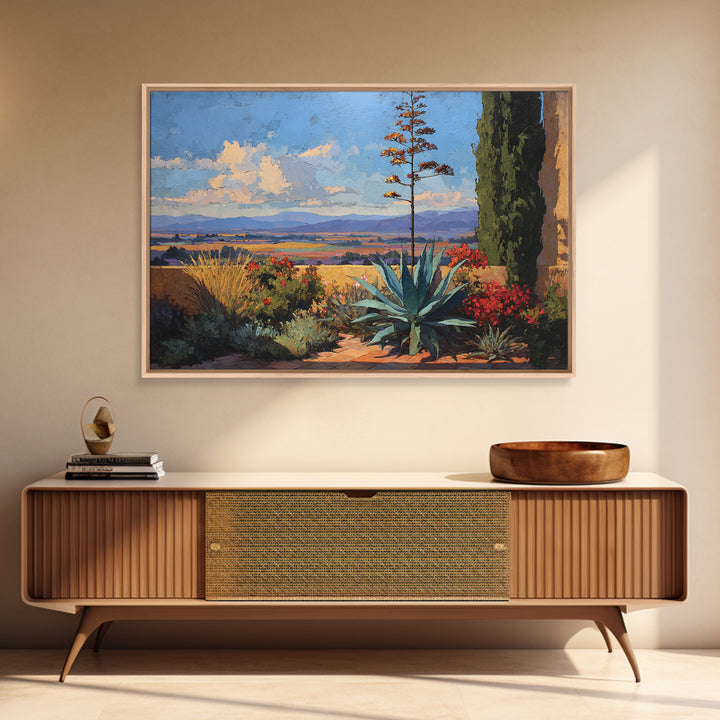 Desert Patio Agave and Bougainvillea Framed Canvas Print, Patio Art, Lake House Decor, Patio Decor, Fine Art, Outdoor, PAT-3x2-69