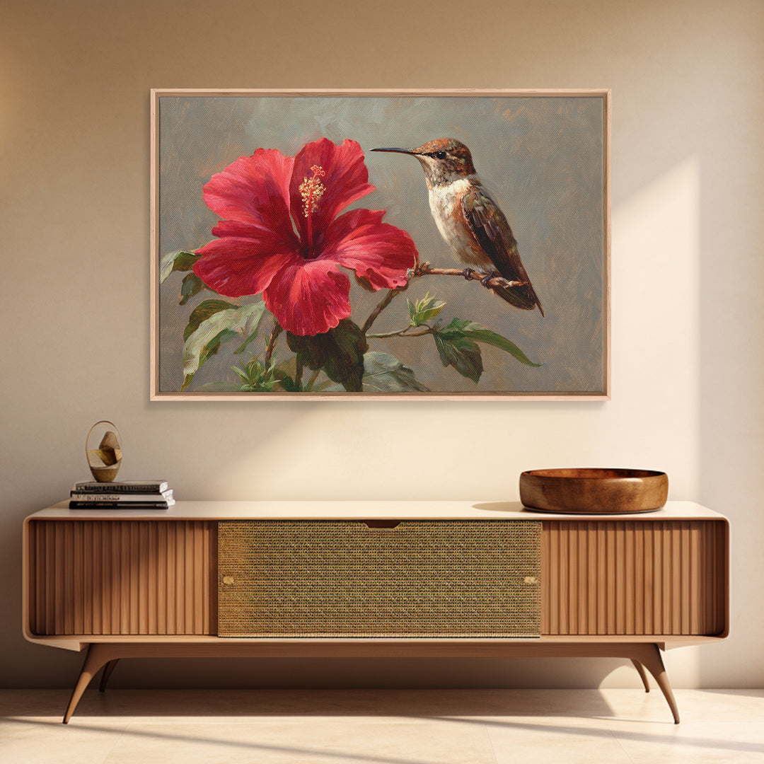 Hummingbird Visiting Bright Hibiscus Framed Canvas Print, Patio Art, Patio Decor, Abstract Art, Outdoor, Floral Wall Art, PAT-3x2-7