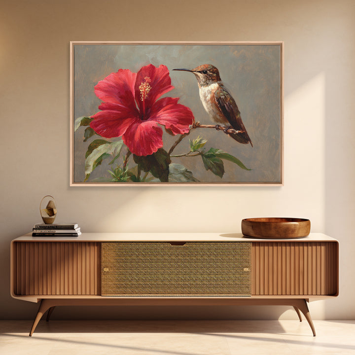 Hummingbird Visiting Bright Hibiscus Framed Canvas Print, Patio Art, Patio Decor, Abstract Art, Outdoor, Floral Wall Art, PAT-3x2-7