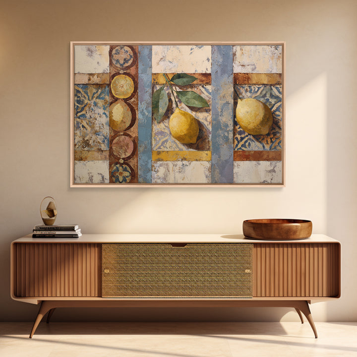 Mediterranean Lemons and Blue Tile Pattern Framed Canvas Print, Patio Art, Floral Art, Patio Decor, Fine Art, Outdoor, PAT-3x2-78