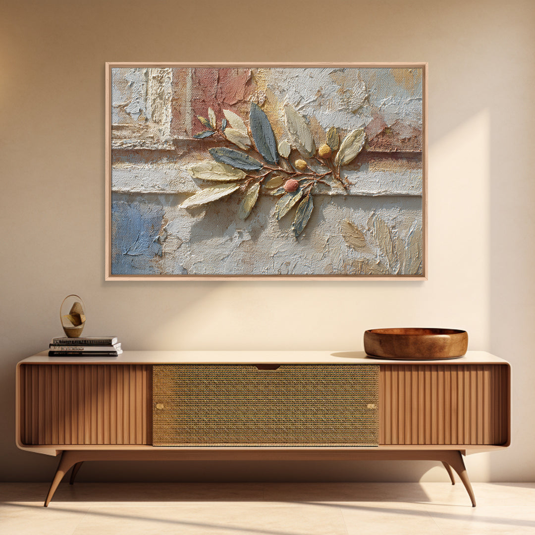 Olive Branch Wreath on Warm Plaster Framed Canvas Print, Patio Art, Family Wall Art, Patio Decor, Fine Art, Outdoor, Room Decor, PAT-3x2-85