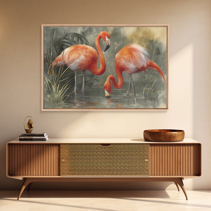 Flamingo Pair Beside Shallow Water Framed Canvas Print, Patio Art, Patio Decor, Fine Art, Outdoor, Gallery Decor, Neutral Decor, PAT-3x2-86