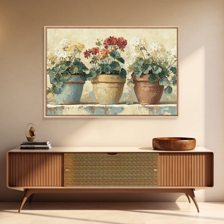 Potted Geraniums in Rustic Clay Pots Framed Canvas Print, Patio Art, Beach Art, Patio Decor, Fine Art, Outdoor, Neutral Decor, PAT-3x2-90