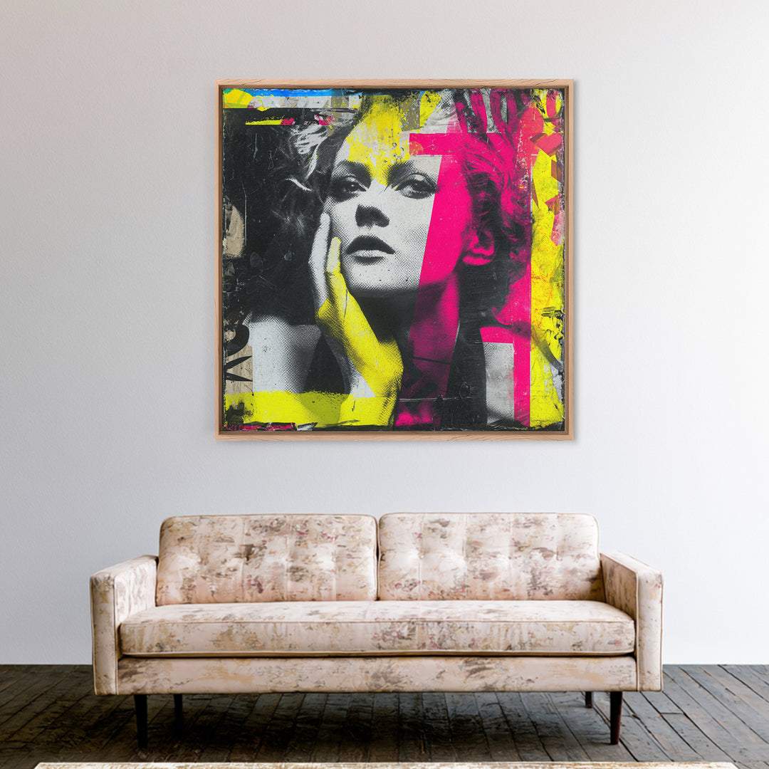 Neon Portrait with Thick Black Outlines Framed Canvas Print, Pop Art, Eclectic Home Decor, Living Room Decor, Fine Art, Pop, POP-1x1-100