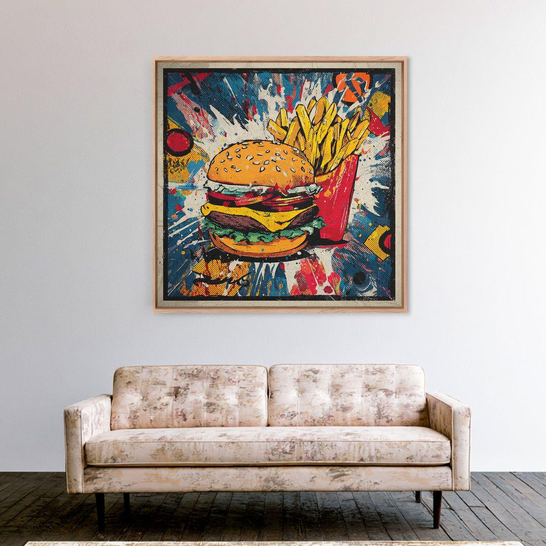 Hamburger and Fries Framed Canvas Print, Pop Art, Statement Artwork, Living Room Decor, Abstract Art, Pop, Wall Decor, POP-1x1-33