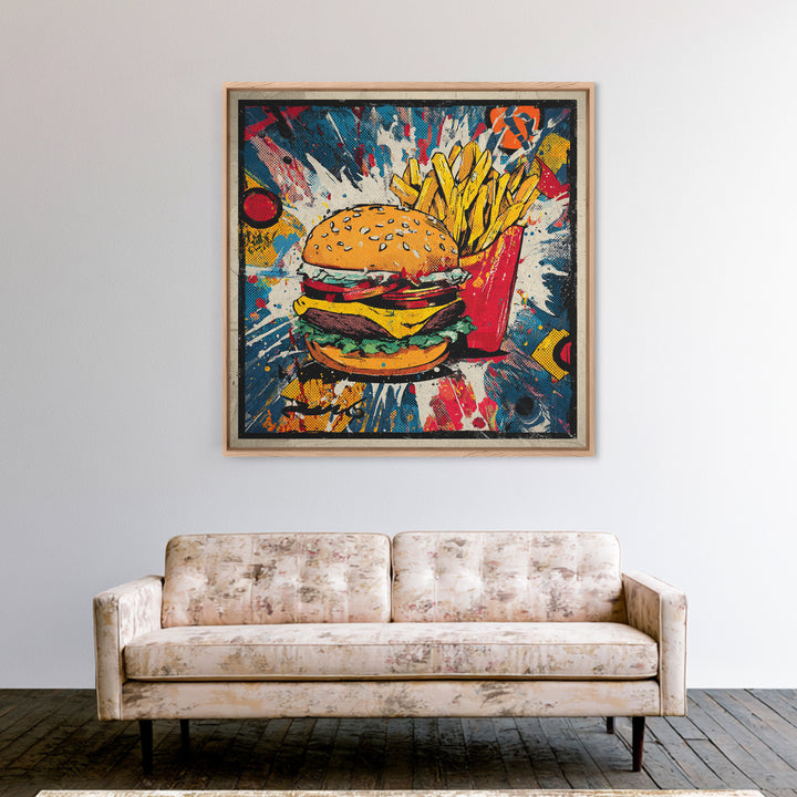 Hamburger and Fries Framed Canvas Print, Pop Art, Statement Artwork, Living Room Decor, Abstract Art, Pop, Wall Decor, POP-1x1-33