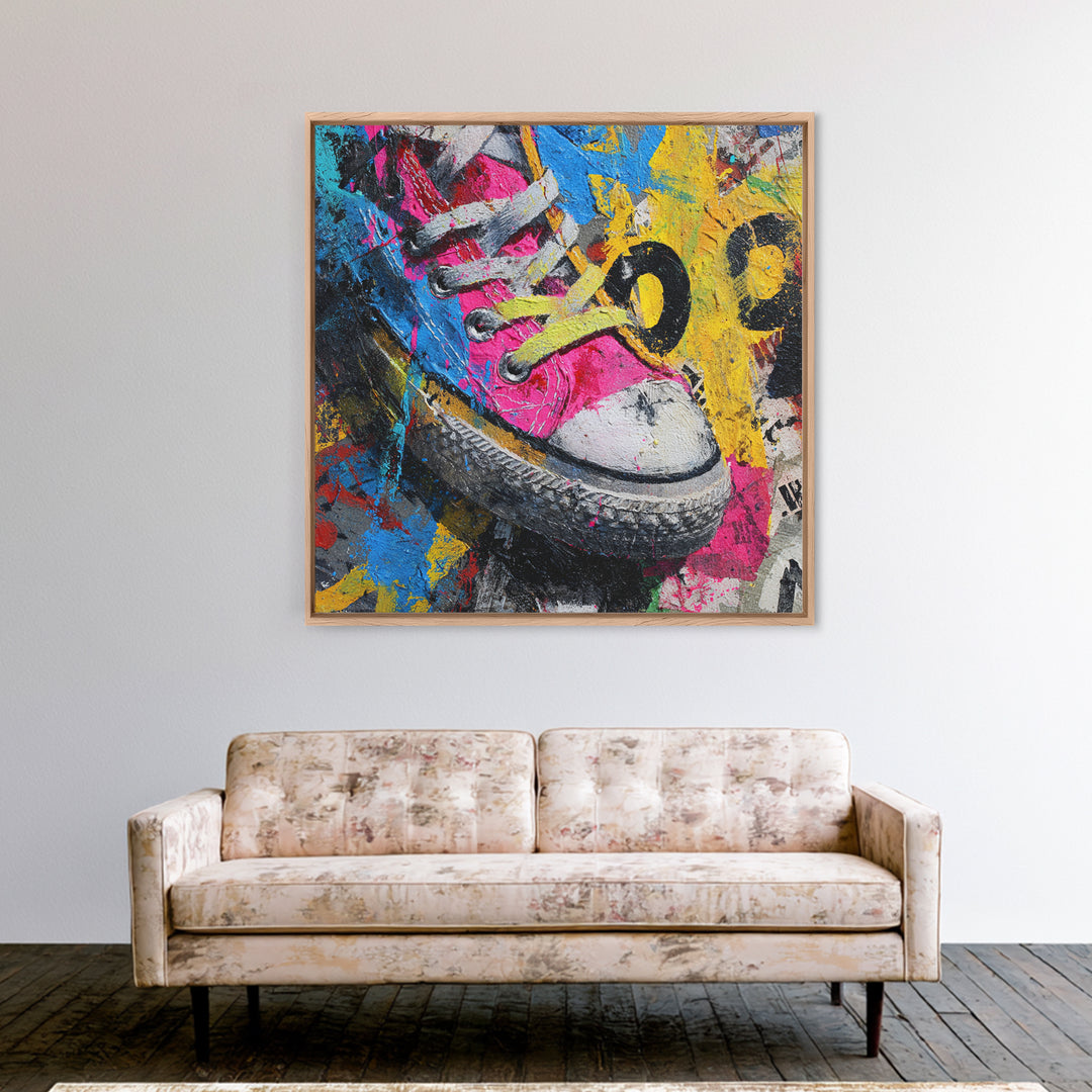 Sneaker Closeup in Bright Pop Colors Framed Canvas Print, Pop Art, Mexican Art, Living Room Decor, Oil Painting, Pop, POP-1x1-43