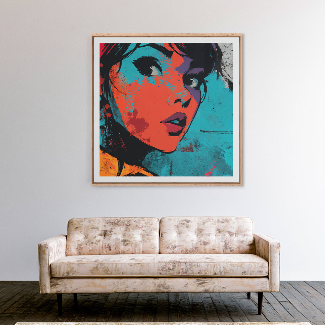 Neon Portrait with Thick Black Outlines Canvas Print, Pop Art, Dark Art, Living Room Decor, Oil Painting, Pop, POP-1x1-76