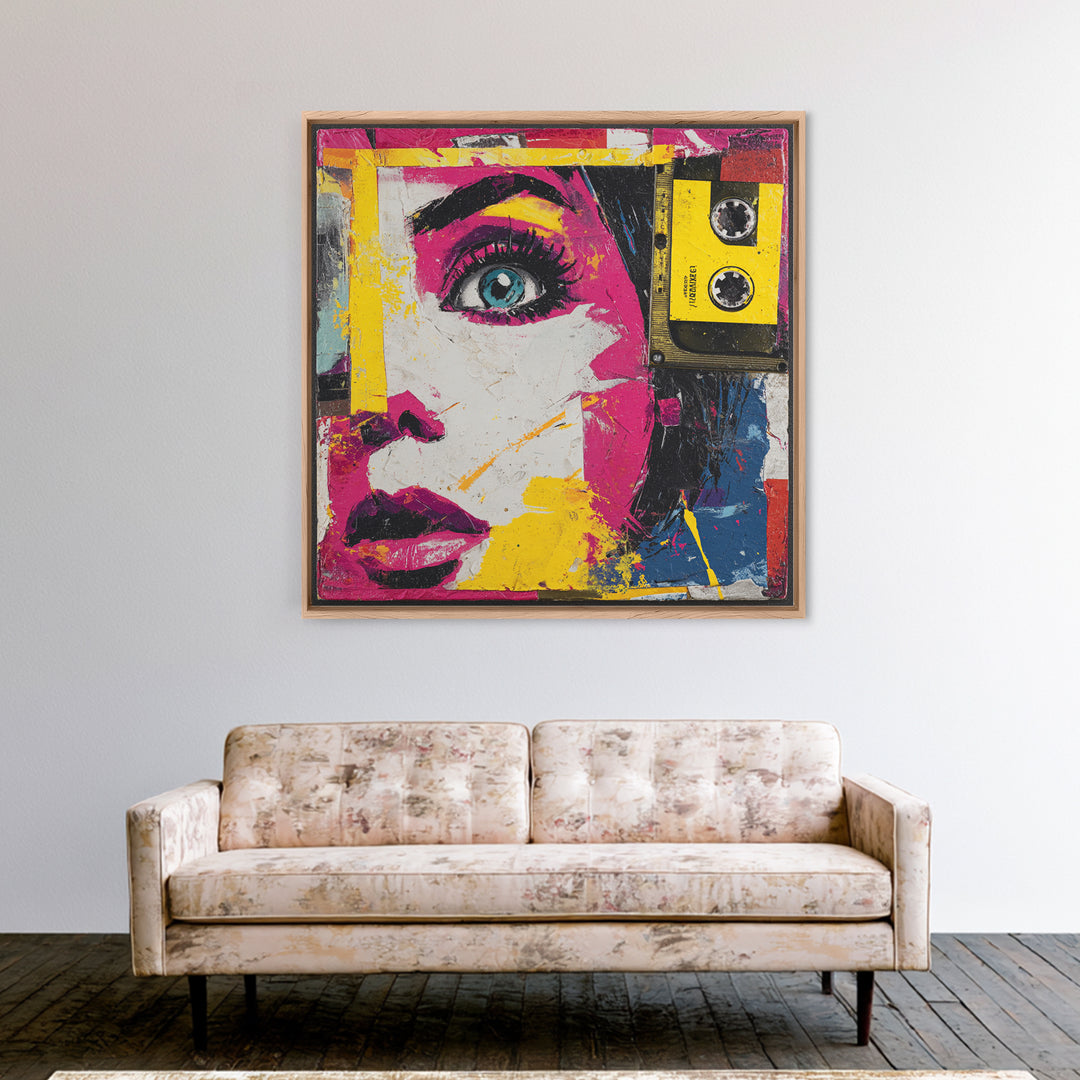 Colorful Cassette Tape Graphic Framed Canvas Print, Pop Art, Football Wall Art, Living Room Decor, Abstract Art, Pop, POP-1x1-84