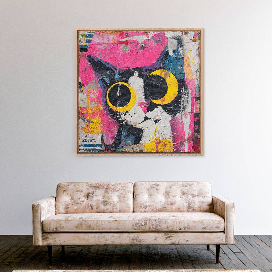 Comic Cat with Oversized Eyes Canvas Print, Pop Art, 3d Art, Living Room Decor, Fine Art, Pop, Textured Painting, POP-1x1-90
