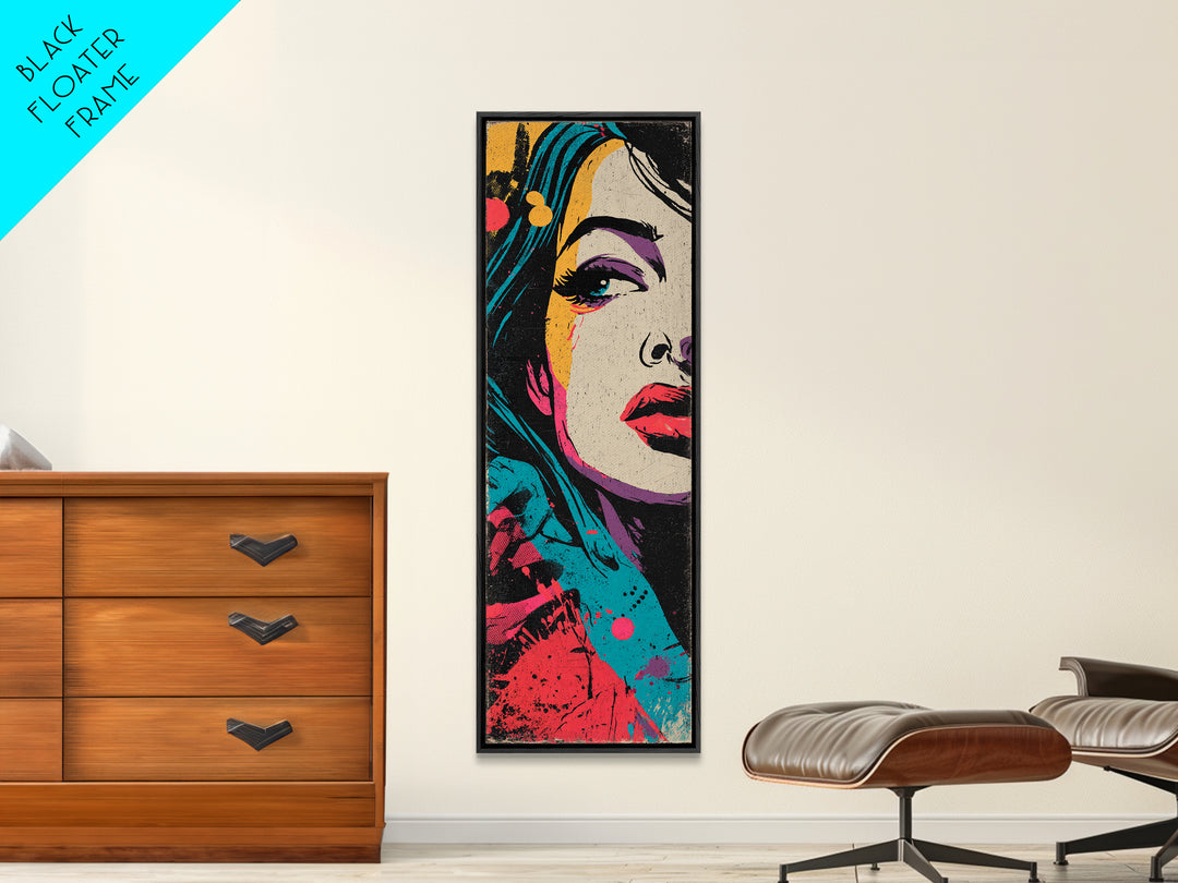 Neon Portrait with Thick Black Outlines Framed Canvas Print, Pop Art, Original Painting, Living Room Decor, Fine Art, Pop, POP-1x3-64