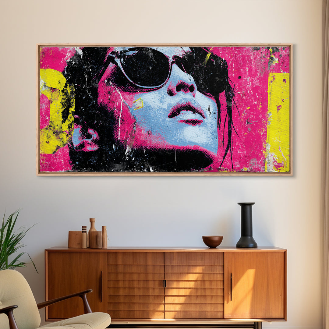 Glamorous Sunglasses Face Framed Canvas Print, Pop Art, Food Art, Living Room Decor, Pop, Fine Art Print, Statement Artwork, POP-2x1-100