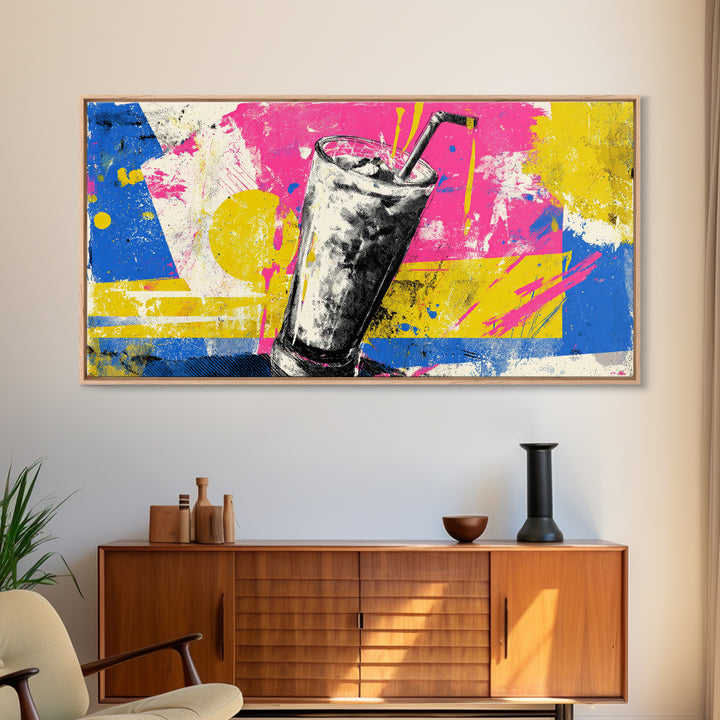 Milkshake Glass with Retro Diner Palette Framed Canvas Print, Pop Art, Art Print, Living Room Decor, Pop, Custom Portrait, POP-2x1-12