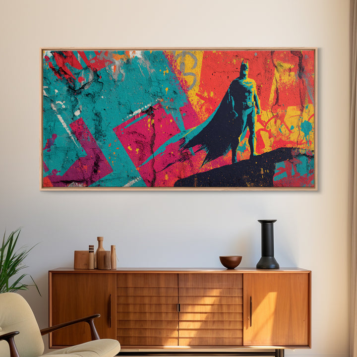 Superhero Silhouette in Dynamic Color Fields Framed Canvas Print, Pop Art, Living Room Decor, Abstract Art, Pop, POP-2x1-35