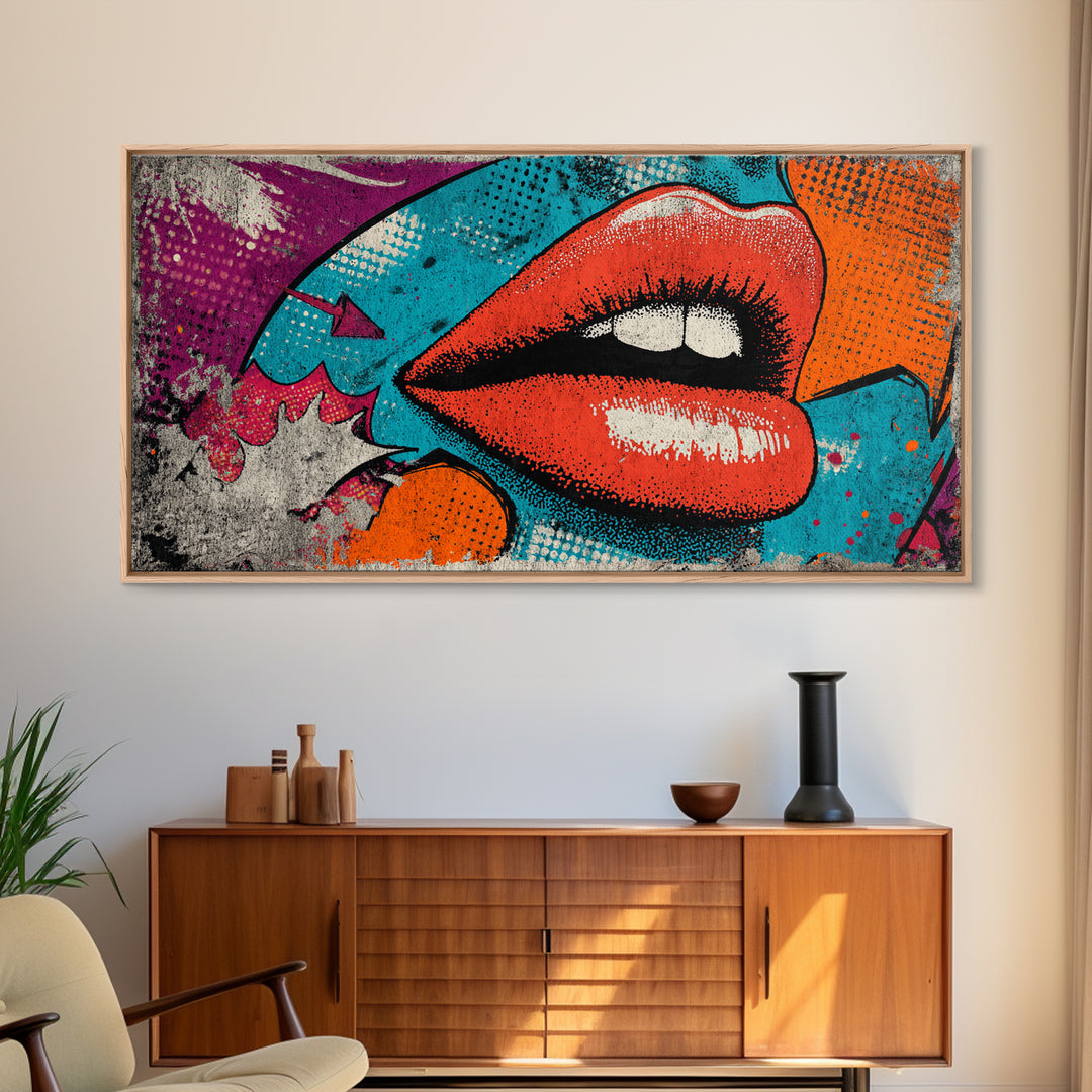 Bold Comic Lips Framed Canvas Print, Pop Art, Decor, Living Room Decor, Fine Art, Pop, Dopamine Decor, Mexican Art, Modern Art, POP-2x1-45