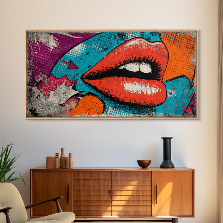 Bold Comic Lips Framed Canvas Print, Pop Art, Decor, Living Room Decor, Fine Art, Pop, Dopamine Decor, Mexican Art, Modern Art, POP-2x1-45