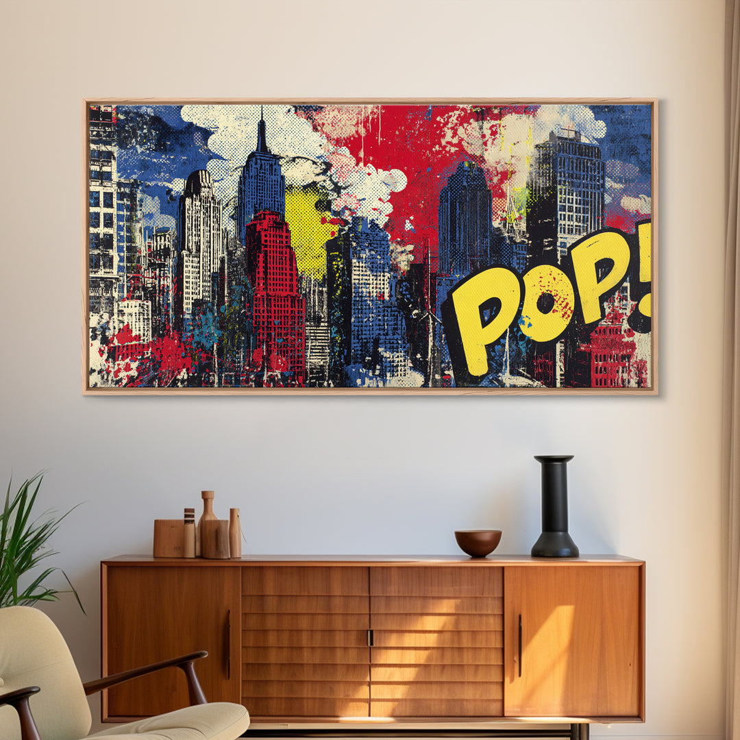 Comic Book City Skyline Canvas Print, Pop Art, Custom Portrait, Living Room Decor, Abstract Art, Pop, Mexican Art, Modern Art, POP-2x1-49